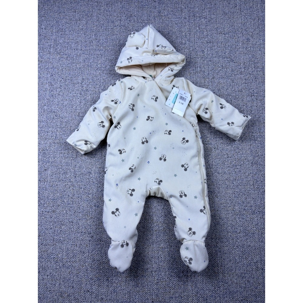 Disney Baby Mickey Mouse Hooded Ribbed Pram Suit Snowsuit 0-3 Months Cream New